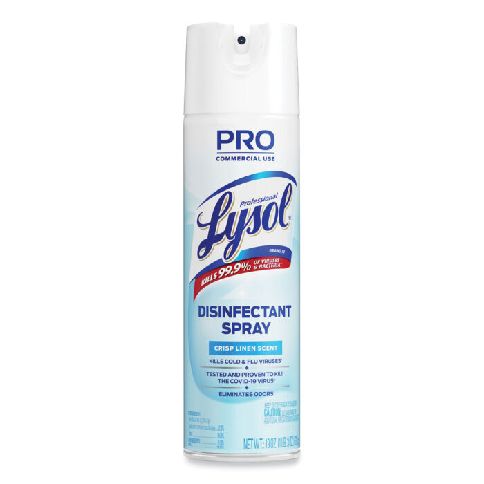 Lysol Crisp Linen Disinfectant Spray (19-oz) kills 99.9% of germs, including COVID-19, in only 15 seconds. It works on hard surfaces and soft fabrics (desks, doorknobs, couches, curtains). Spray and let dry without wiping. Hospital-grade protection with a fresh, clean scent. Keeps spaces safe and smelling fresh.