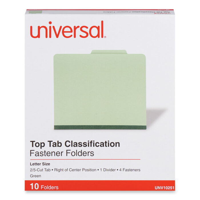 Universal Four-Section Pressboard Classification Folders, 2" Expansion, 1 Divider, 4 Fasteners, Letter Size, Green Exterior, 10/Box (UNV10251)