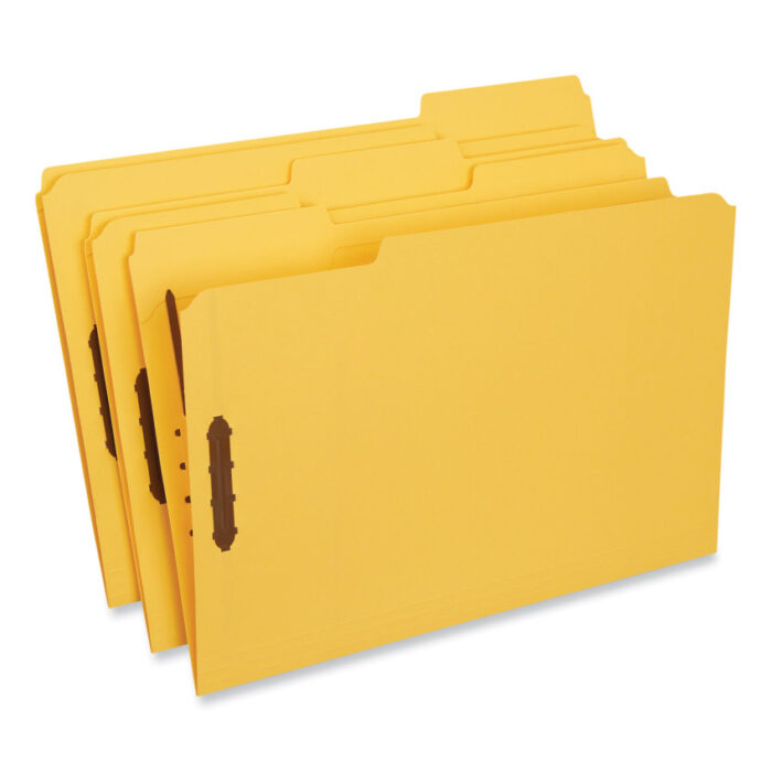 Universal Deluxe Reinforced Top Tab Fastener Folders, 0.75" Expansion, 2 Fasteners, Legal Size, Yellow Exterior, 50/Box (UNV13528)