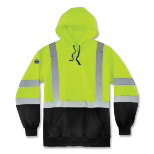 ergodyne GloWear 8373 Hi-Vis Class 3 Hooded Sweatshirt with Black Bottom, Polar Fleece, Lime, Large (EGO21884)