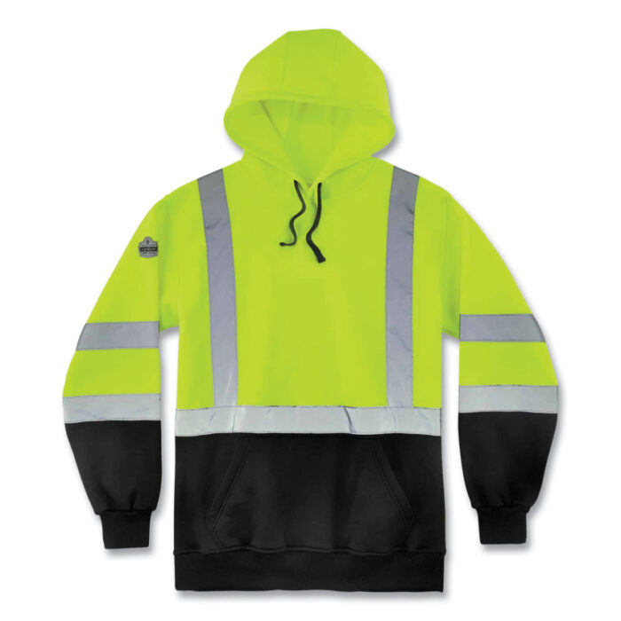 ergodyne GloWear 8373 Hi-Vis Class 3 Hooded Sweatshirt with Black Bottom, Polar Fleece, Lime, Large (EGO21884)