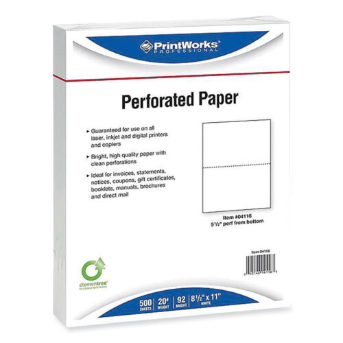 PrintWorks Professional Perforated and Punched Paper, 20 lb Bond Weight, 8.5 x 11, White, 500/Ream, 5 Reams/Carton (PRB04166CT)