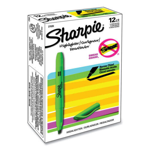 Sharpie Pocket Style Highlighters, Fluorescent Green Ink, Chisel Tip, Green Barrel, Dozen (SAN27026)