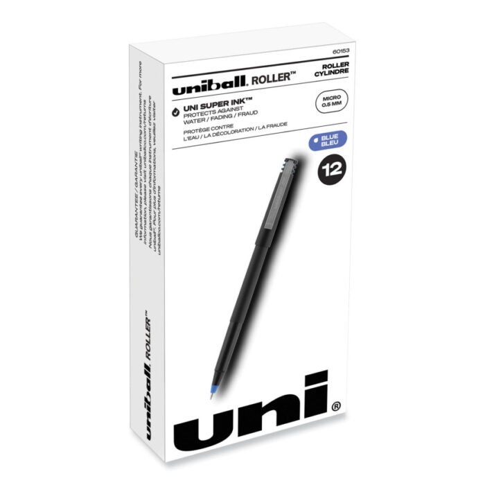 uniball Roller Ball Pen, Stick, Extra-Fine 0.5 mm, Blue Ink, Black/Blue Barrel, Dozen (UBC60153)