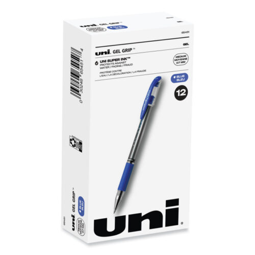 uniball Signo GRIP Gel Pen, Stick, Medium 0.7 mm, Blue Ink, Clear/Blue/Silver Barrel, Dozen (UBC65451)