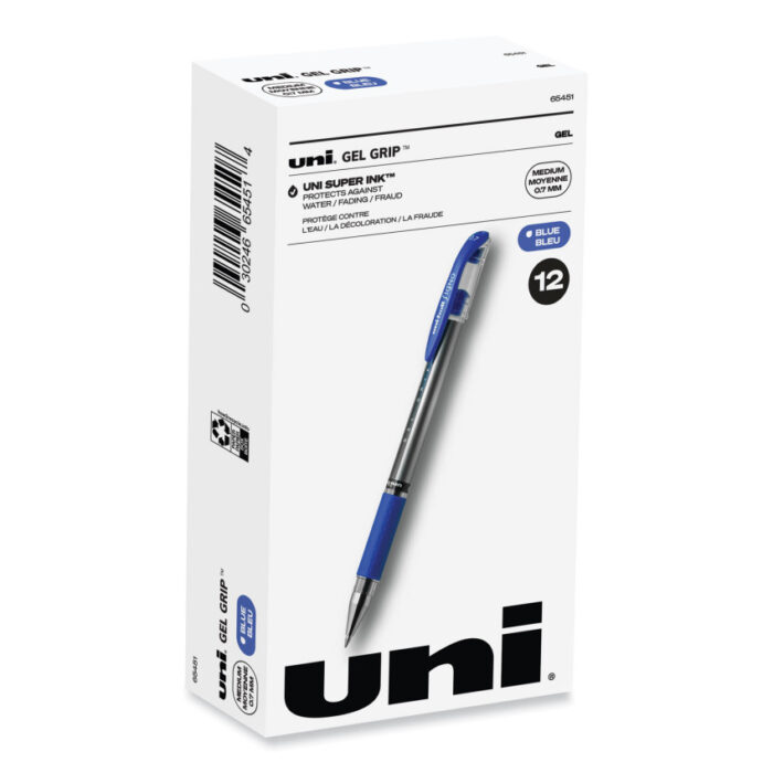 uniball Signo GRIP Gel Pen, Stick, Medium 0.7 mm, Blue Ink, Clear/Blue/Silver Barrel, Dozen (UBC65451)
