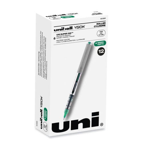 uniball VISION Roller Ball Pen, Stick, Fine 0.7 mm, Green Ink, Silver/Green/Clear Barrel, Dozen (UBC60386)