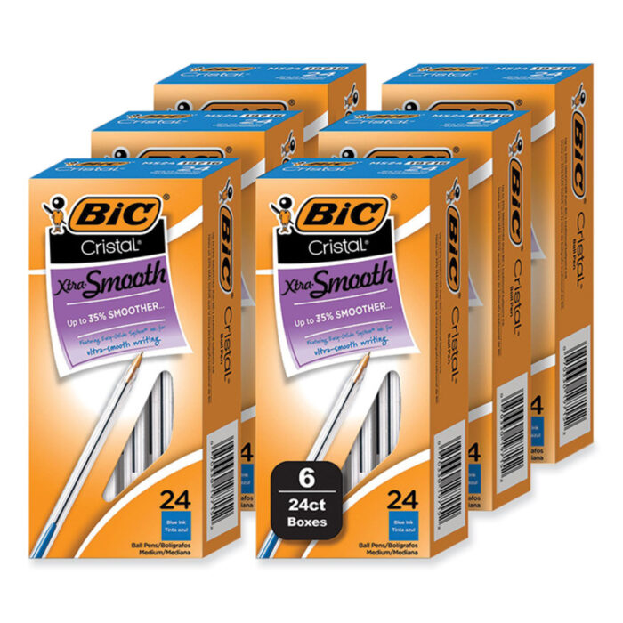 BIC Cristal Xtra Smooth Ballpoint Pen, Stick, Medium 1 mm, Blue Ink, Clear Barrel, 24/Box, 6 Boxes/Pack (BICMS144EBLU)