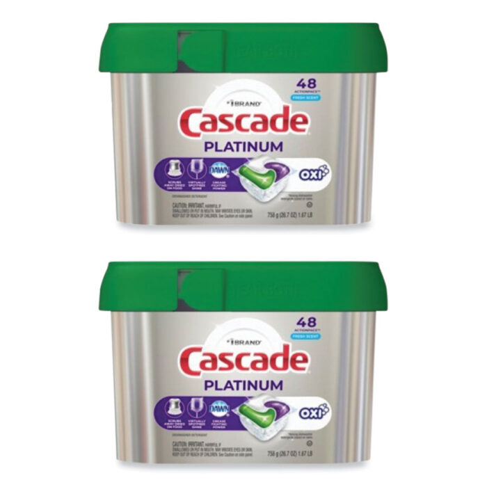 Cascade ActionPacs Fresh Scent dish detergent makes cleaning dishes easy and effective. Each premeasured pac combines the scrubbing strength of Cascade and the grease-busting power of Dawn to tackle stuck-on food, oils, and messes, leaving dishes sparkling. Just toss one pac into your dishwasher, no unwrapping or measuring, and let it work. Safe for ceramics, glass, metal, plastic, and more. Each 26.7 oz tub holds 48 pacs, and this package includes three tubs (total 144 pacs) for long-lasting use. Perfect for fighting tough grease with zero hassle!