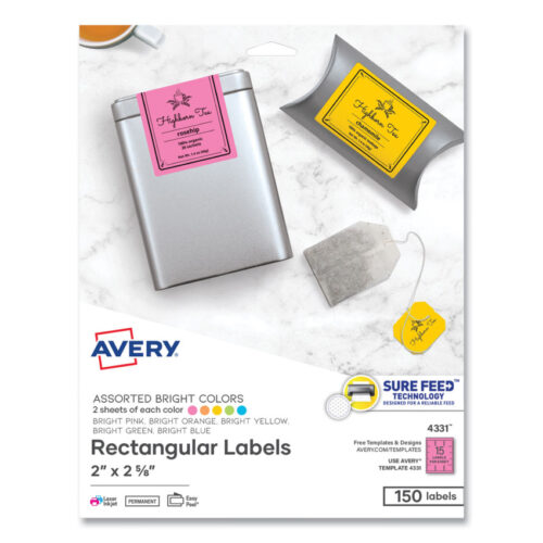 Avery Printable Color Labels with Sure Feed and Easy Peel, 2 x 2.63, Assorted Colors, 15/Sheet, 10 Sheets/Pack (AVE4331)