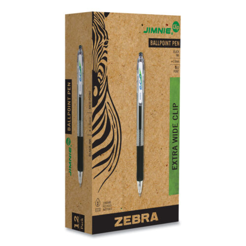Zebra ECO Jimnie Clip Ballpoint Pen, Retractable, Medium 1 mm, Blue Ink, Clear/Black Barrel, 12/Pack (ZEB22510)