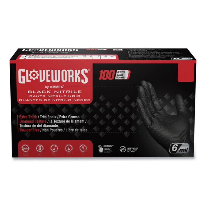 GloveWorks by AMMEX Heavy-Duty Industrial Nitrile Gloves, Powder-Free, 6 mil, Large, Black, 100 Gloves/Box, 10 Boxes/Carton (AXCGWBN46100)