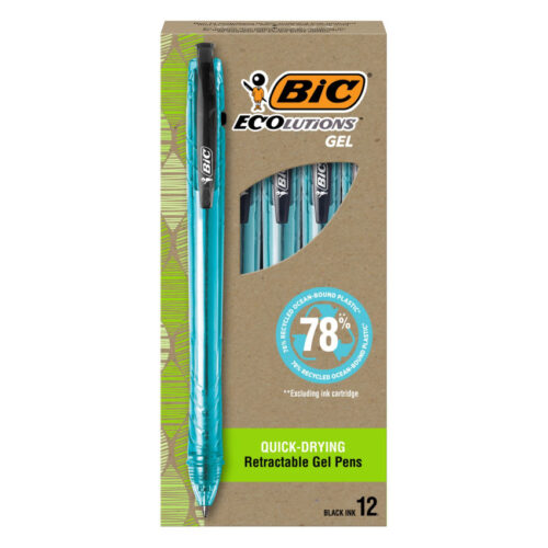 BIC Ecolutions Gel Pen, Retractable, Medium 1 mm, Black Ink, Blue Barrel, Dozen (BICRGLE11BK)