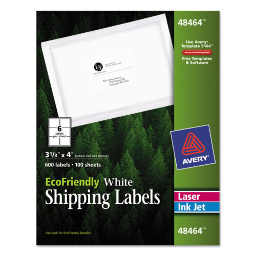 Avery EcoFriendly Mailing Labels, Inkjet/Laser Printers, 3.33 x 4, White, 6/Sheet, 100 Sheets/Pack (AVE48464)