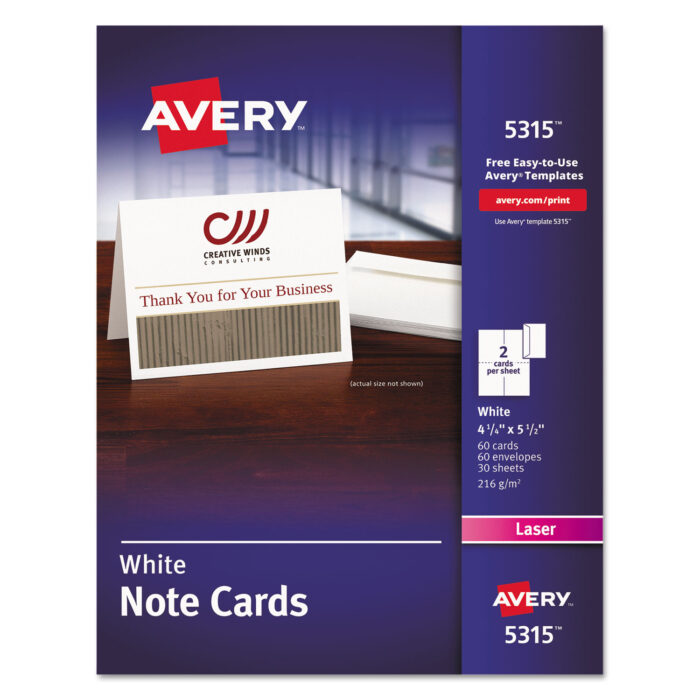 Avery Note Cards with Matching Envelopes, Laser, 80 lb, 4.25 x 5.5, Uncoated White, 60 Cards, 2 Cards/Sheet, 30 Sheets/Pack (AVE5315)