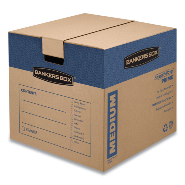 Bankers Box SmoothMove Prime Moving/Storage Boxes, Hinged Lid, Regular Slotted Container, Medium, 18" x 18" x 16", Brown/Blue, 8/Carton (FEL0062801)