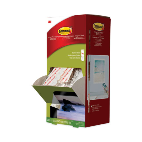 Command Poster Strips, Removable, Holds Up to 1 lb per Pair, 0.63 x 1.75, White, 4/Pack, 100 Packs/Carton (MMM17024CABPK)