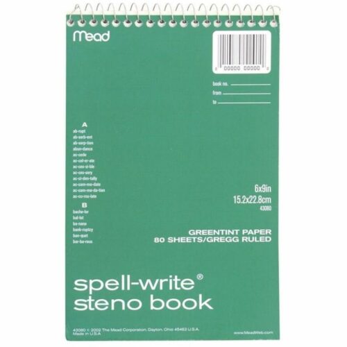 Mead Spell-Write Wirebound Steno Pad, Gregg Rule, Randomly Assorted Cover Colors, 80 Green 6 x 9 Sheets (MEA43080)