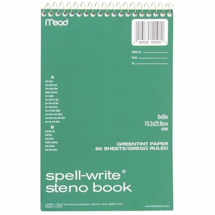 Mead Spell-Write Wirebound Steno Pad, Gregg Rule, Randomly Assorted Cover Colors, 80 Green 6 x 9 Sheets (MEA43080)