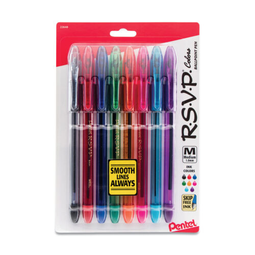 Pentel R.S.V.P. Ballpoint Pen, Stick, Medium 1 mm, Assorted Ink and Barrel Colors, 8Pack (PENBK91CRBP8M)