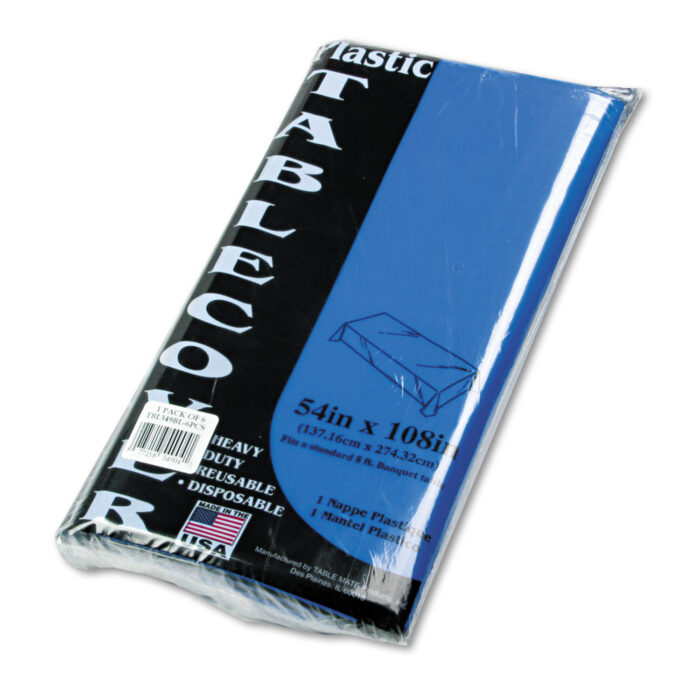 Tablemate Table Set Rectangular Table Cover, Heavyweight Plastic, 54" x 108", Blue, 6/Pack (TBL549BL)