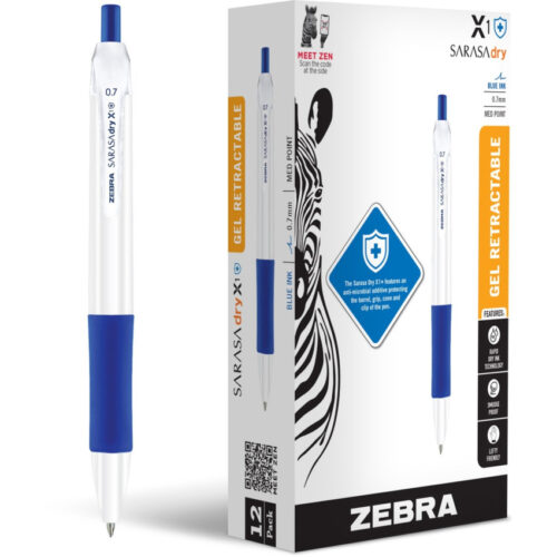 Zebra Sarasa Dry X1+ Retractable Gel Pen, Medium 0.7 mm, Blue Ink, White/Blue Barrel, 12/Pack (ZEB41520)