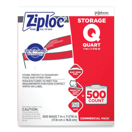 Ziploc Double Zipper Storage Bags, Quart, 7 x 7.75, Clear, 500Box (SJN682256)