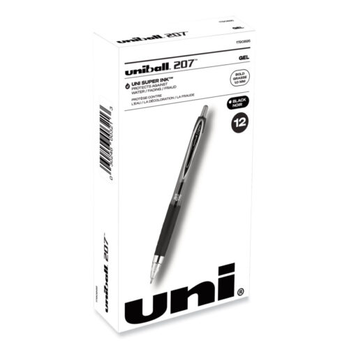 uniball Signo 207 Gel Pen, Retractable, Bold 1 mm, Black Ink, Smoke/Black Barrel, Dozen (UBC1790895)