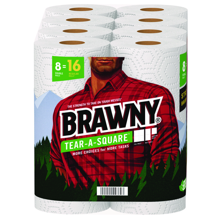 Brawny Tear-A-Square Perforated Kitchen Roll Towels, Double Roll, 2-Ply, 11" x 11", White, 120 Sheets/Roll, 8 Rolls/Pack (GPC443665)