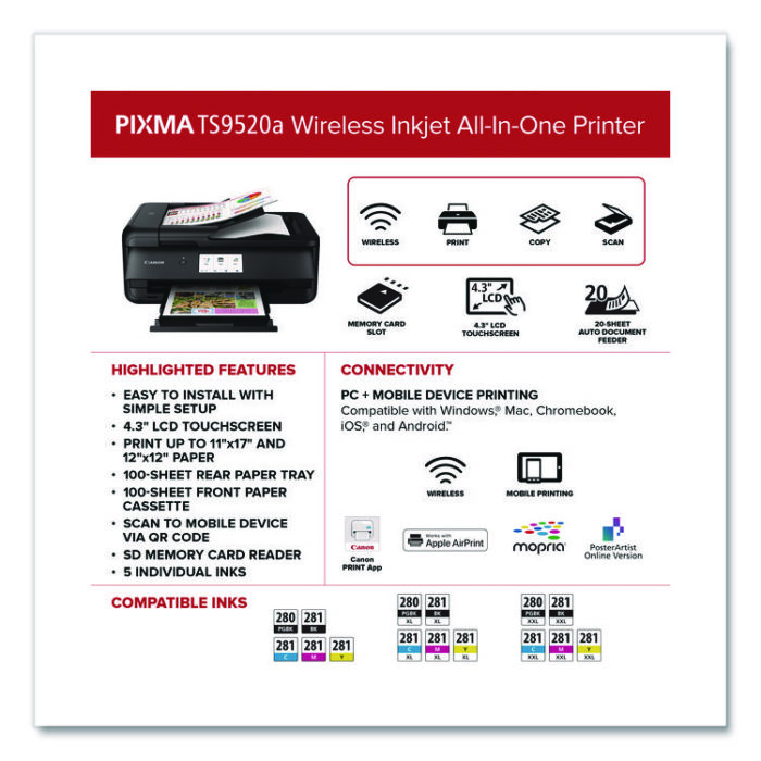 Canon PIXMA TS9520a Wireless All-in-One Inkjet Printer, Copy/Print/Scan (CNMTS9520A) - Image 8