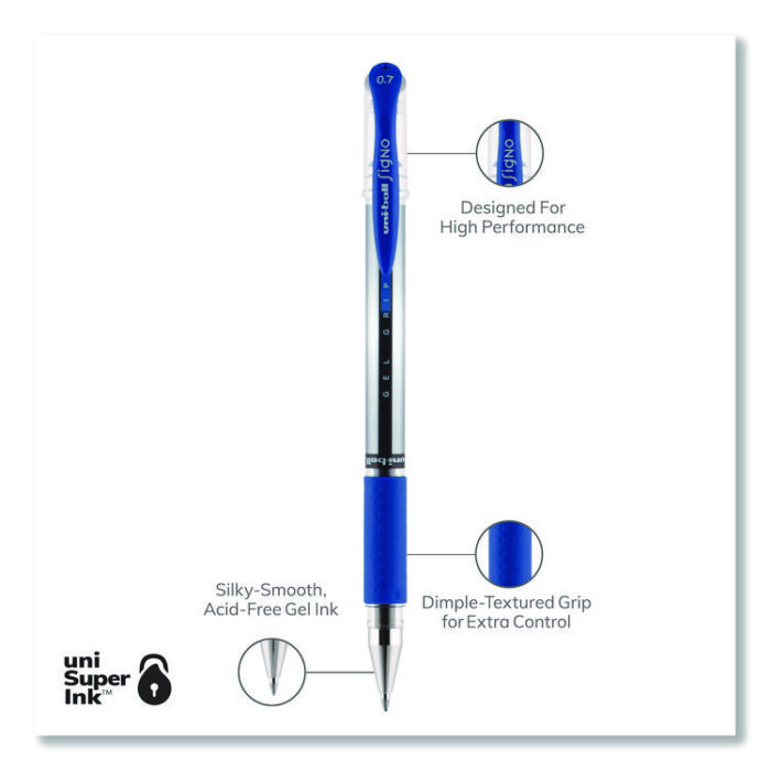 uniball Signo GRIP Gel Pen, Stick, Medium 0.7 mm, Blue Ink, Clear/Blue/Silver Barrel, Dozen (UBC65451) - Image 2