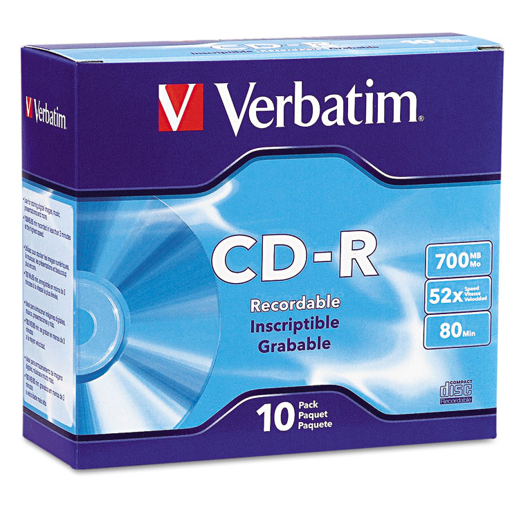 VER94935 - Verbatim CD-R Recordable Disc, 700 MB/80 min, 52x, Slim Jewel Case, Silver, 10/Pack (VER94935)