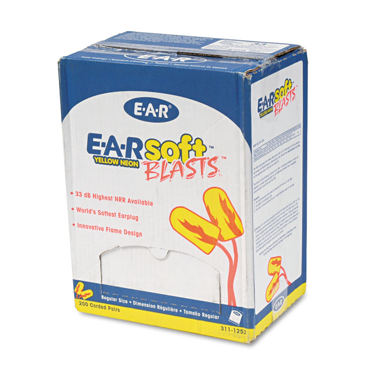 3M E-A-Rsoft Blasts Earplugs, Corded, Foam, Yellow Neon, 200 Pairs/Box (MMM3111252)
