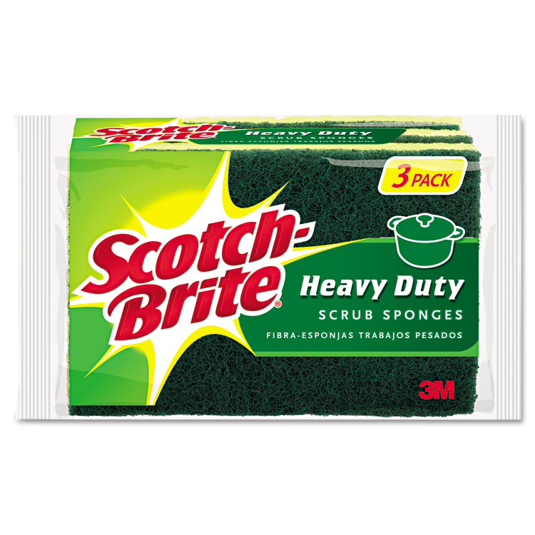 Scotch-Brite Heavy-Duty Scrub Sponge, 4.5 x 2.7, 0.6" Thick, Yellow/Green, 3/Pack (MMMHD3)