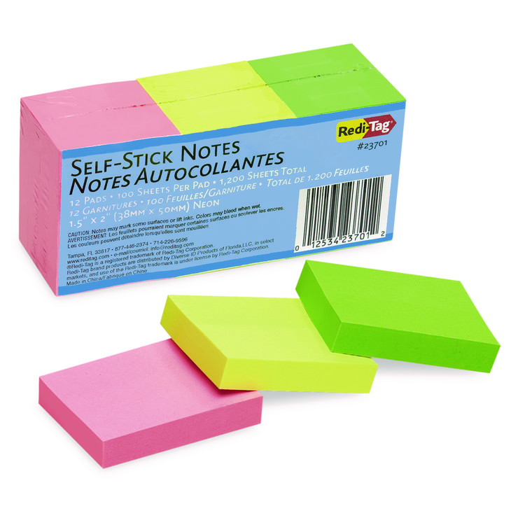 Redi-Tag Self-Stick Notes, 1.5" x 2", Assorted Neon Colors, 100 Sheets/Pad, 12 Pads/Pack (RTG23701)