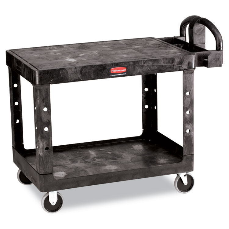 Rubbermaid Commercial Flat Shelf Utility Cart, Plastic, 2 Shelves, 500 lb Capacity, 25.25" x 44" x 38.13", Black (RCP452500BK)
