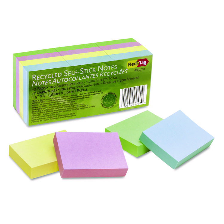 Redi-Tag 100% Recycled Self-Stick Notes, 1.5" x 2", Assorted Pastel Colors, 100 Sheets/Pad, 12 Pads/Pack (RTG25701)