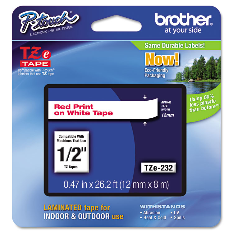 BROTHER INTL. CORP. TZe Standard Adhesive Laminated Labeling Tape, 0.47" x 26.2 ft, Red on White (BRTTZE232)