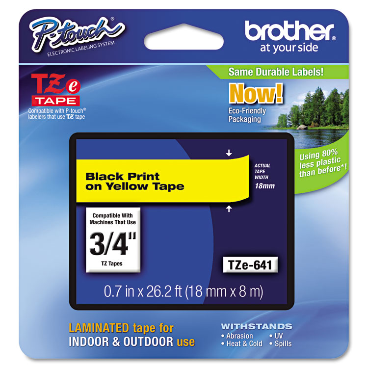 BROTHER INTL. CORP. TZe Standard Adhesive Laminated Labeling Tape, 0.7" x 26.2 ft, Black on Yellow (BRTTZE641)
