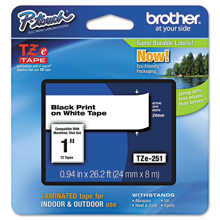 BROTHER INTL. CORP. TZe Standard Adhesive Laminated Labeling Tape, 0.94" x 26.2 ft, Black on White (BRTTZE251)