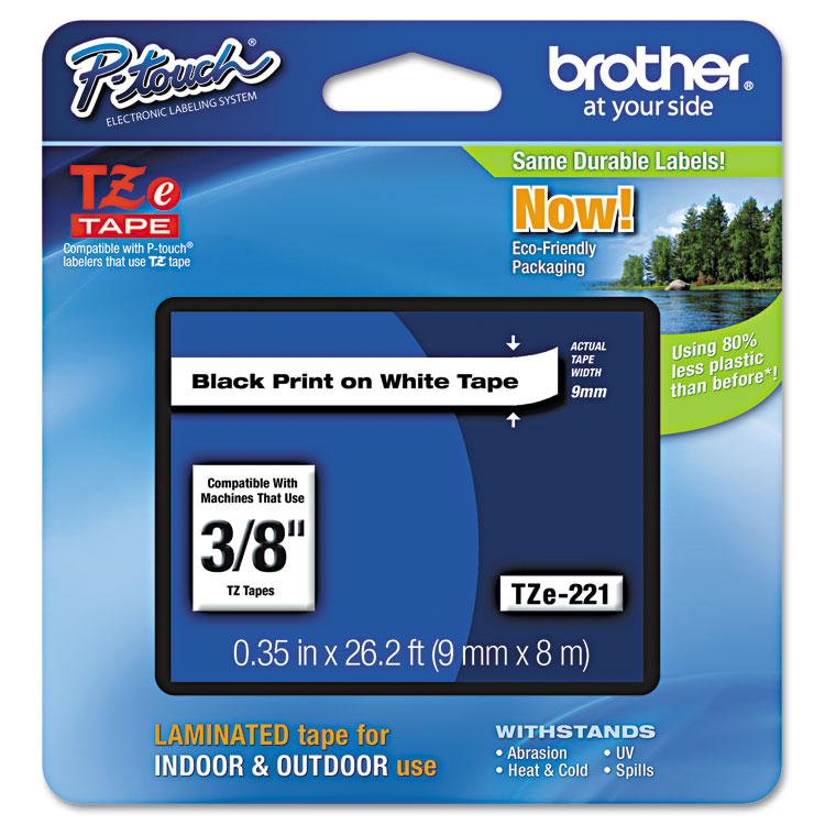 BROTHER INTL. CORP. TZe Standard Adhesive Laminated Labeling Tape, 0.35" x 26.2 ft, Black on White (BRTTZE221)