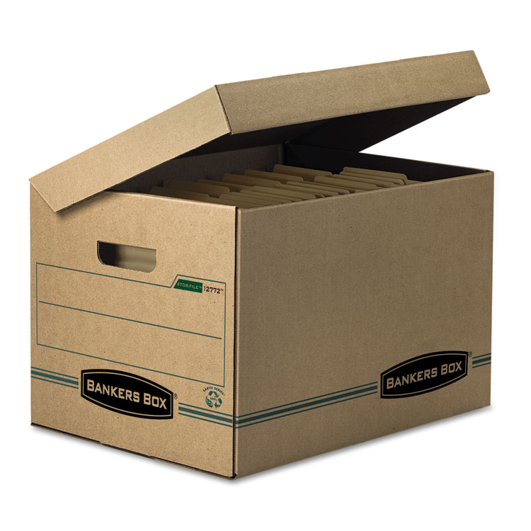 Bankers Box SYSTEMATIC Basic-Duty Attached Lid Storage Boxes, Letter/Legal Files, Kraft/Green, 12/Carton (FEL12772)