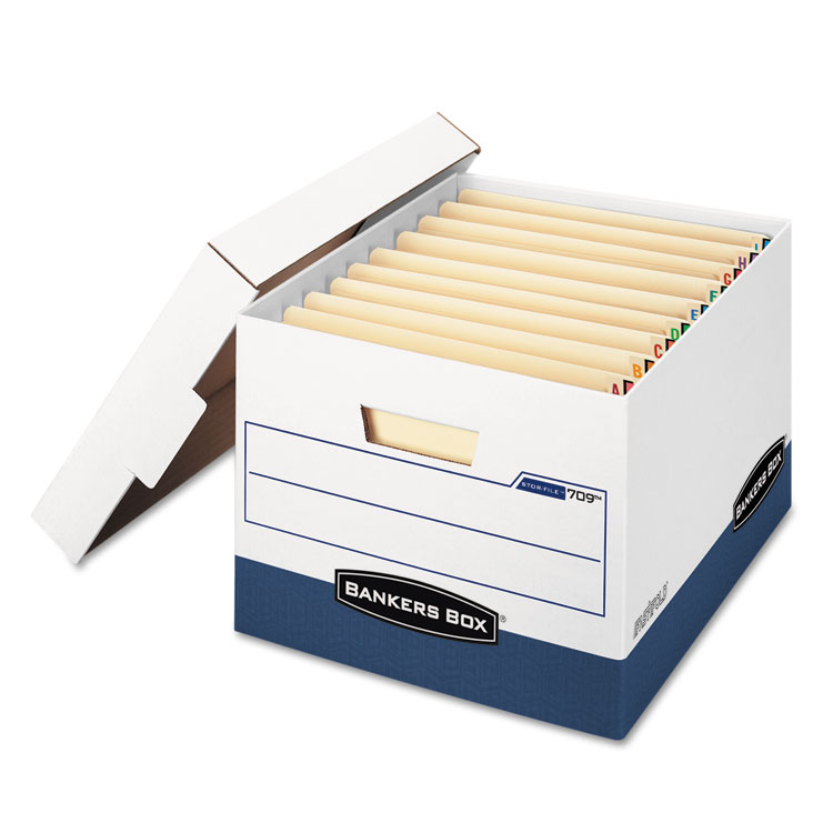 Bankers Box STOR/FILE END TAB Storage Boxes, Letter/Legal Files, White/Blue, 12/Carton (FEL00709)