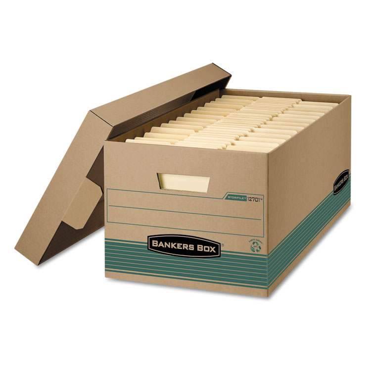 Bankers Box STOR/FILE Medium-Duty 100% Recycled Storage Boxes, Letter Files, 12.88" x 25.38" x 10.25", Kraft/Green, 12/Carton (FEL1270101)