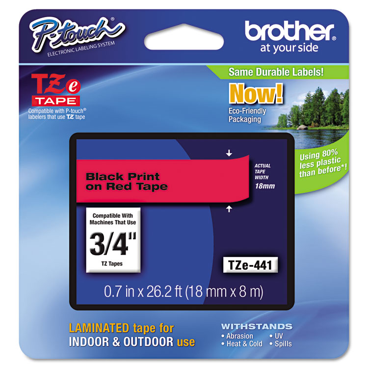BROTHER INTL. CORP. TZe Standard Adhesive Laminated Labeling Tape, 0.7" x 26.2 ft, Black on Red (BRTTZE441)