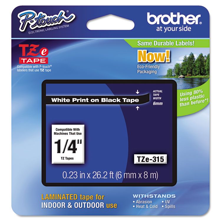 BROTHER INTL. CORP. TZe Standard Adhesive Laminated Labeling Tape, 0.23" x 26.2 ft, White on Black (BRTTZE315)