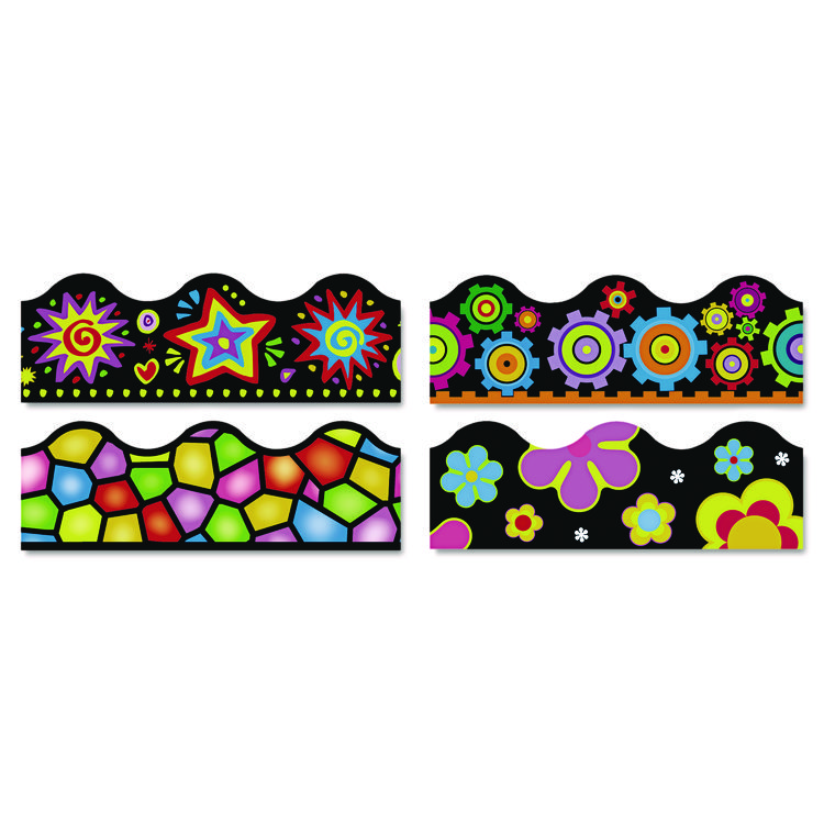 TREND Terrific Trimmers Variety Set Board Trim, Assorted Brights On Blacks, 2.25" x 39", Assorted Colors, 48/Set (TEPT92919)