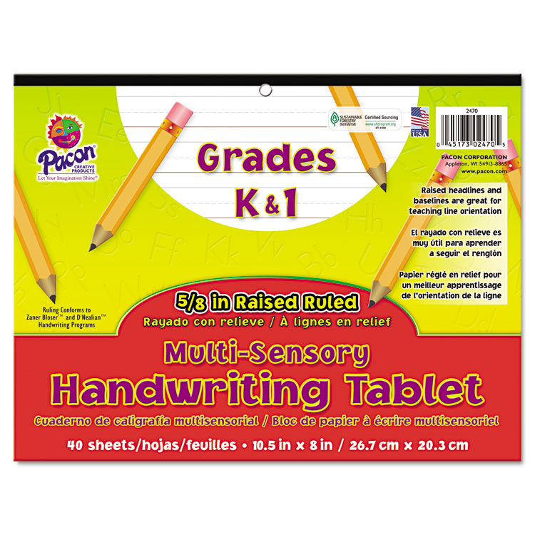 Pacon Multi-Sensory Handwriting Tablet, 5/8" Long Rule, 8 x 10.5, 40/Pad (PAC2470)