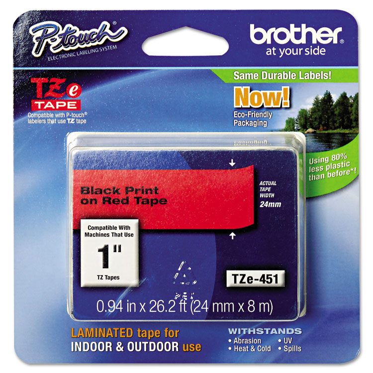 BROTHER INTL. CORP. TZe Standard Adhesive Laminated Labeling Tape, 0.94" x 26.2 ft, Black on Red (BRTTZE451)