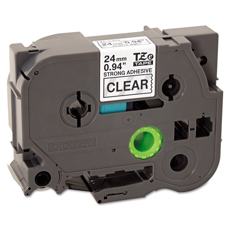 BROTHER INTL. CORP. TZe Extra-Strength Adhesive Laminated Labeling Tape, 0.94" x 26.2 ft, Black on Clear (BRTTZES151)